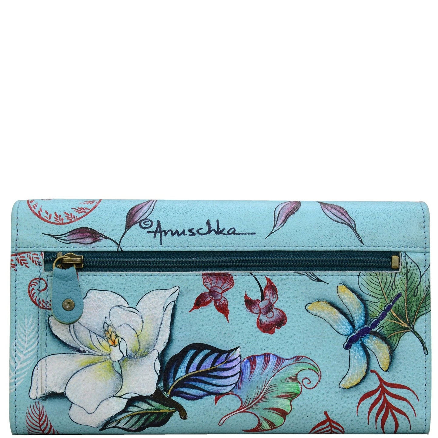 Anuschka Hand-Painted Leather Accordion Flap Wallet - 1112-turqouise with dragonfly