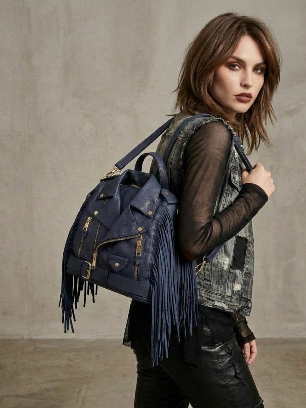 Midnight Moto Navy Fringe Backpack