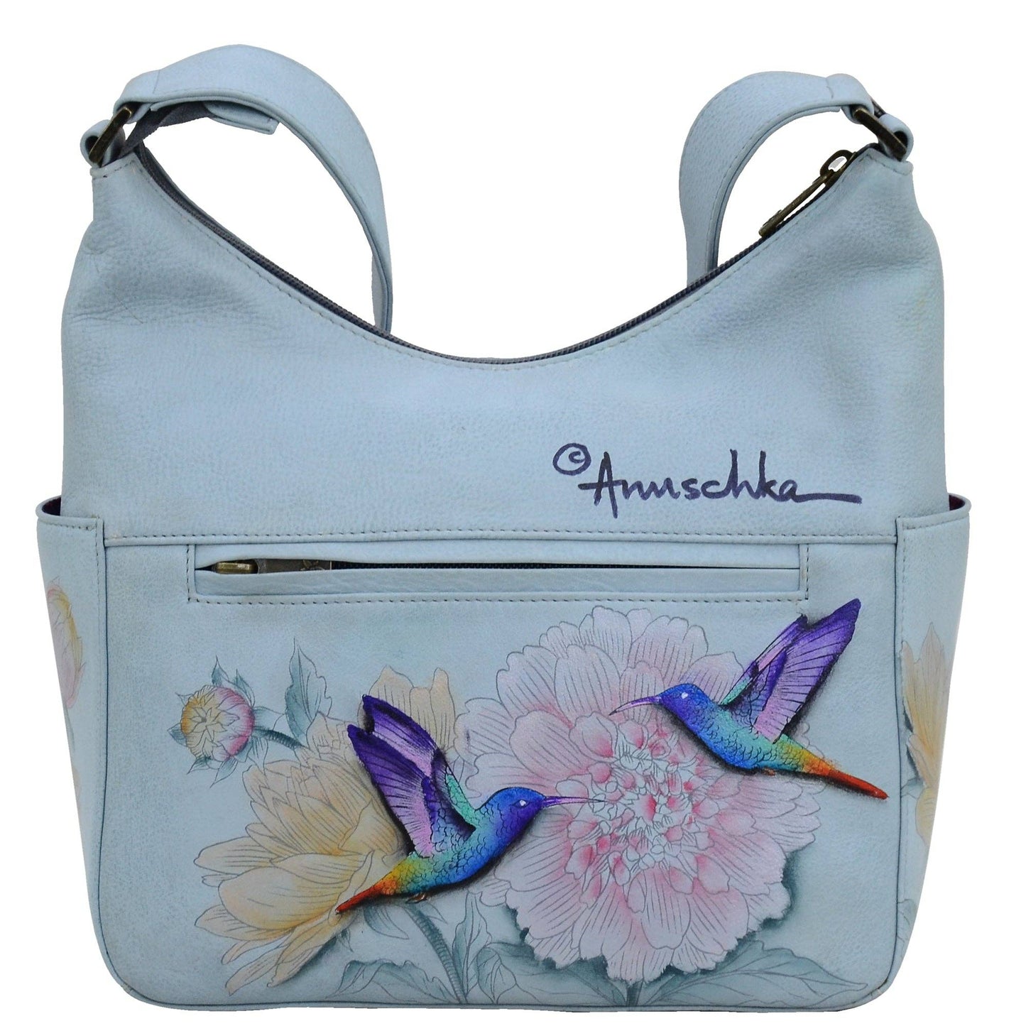 Anuschka Hand-Painted Leather Classic Hobo With Side Pockets - 382- Hummingbird