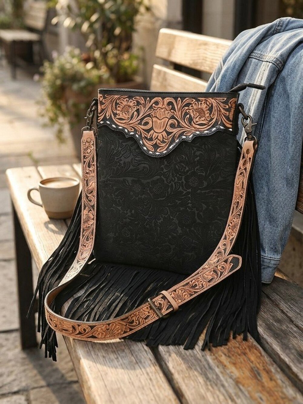 American Darling Western Fringe Tooled Crossbody Bag