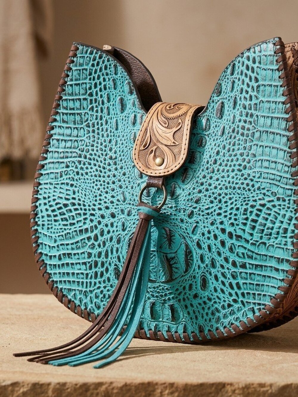 American Darling Turquoise Croc Embossed Saddle Bag