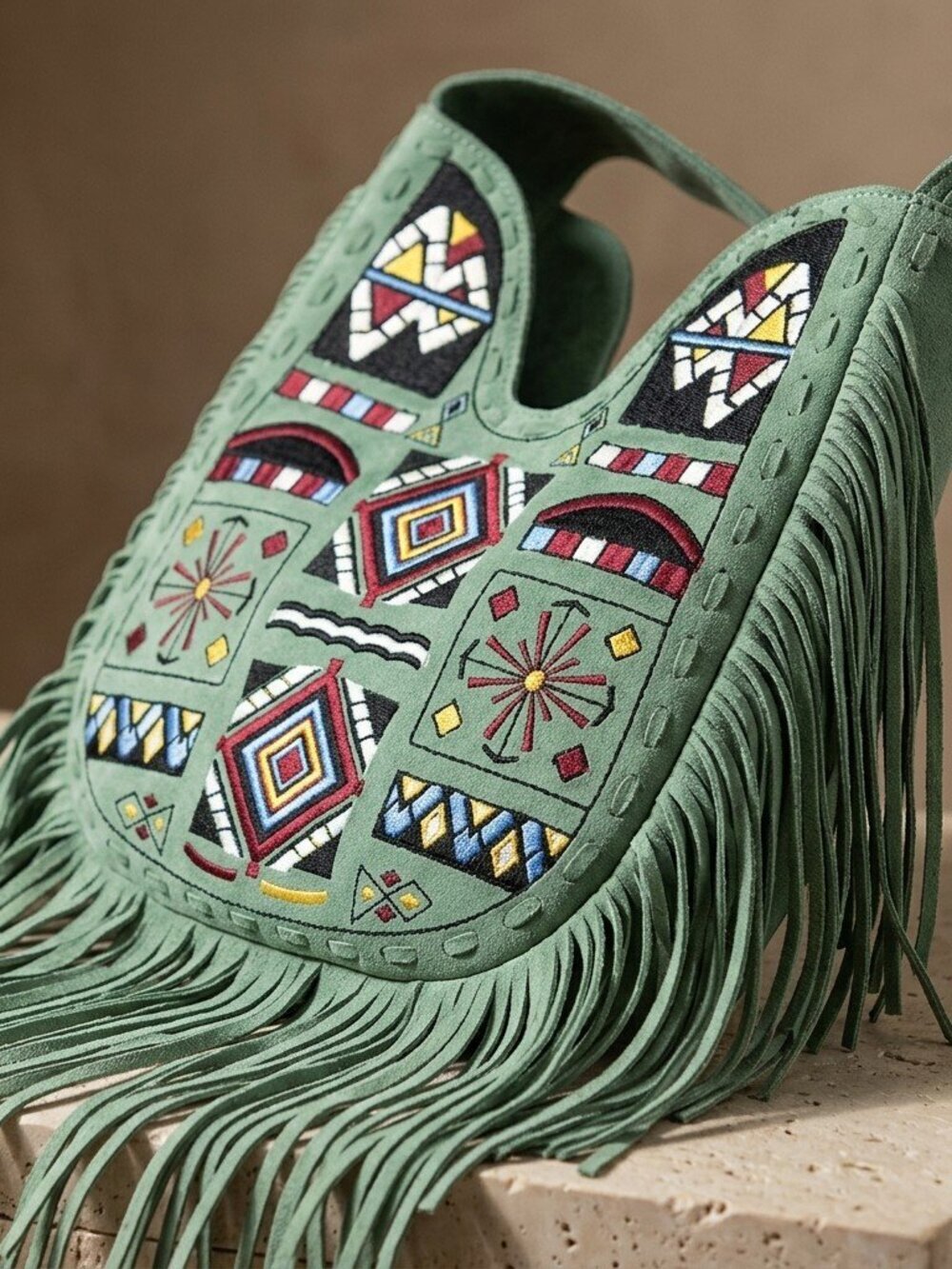 American Darling Sage Green Fringe Tribel embroidered Hobo Bag