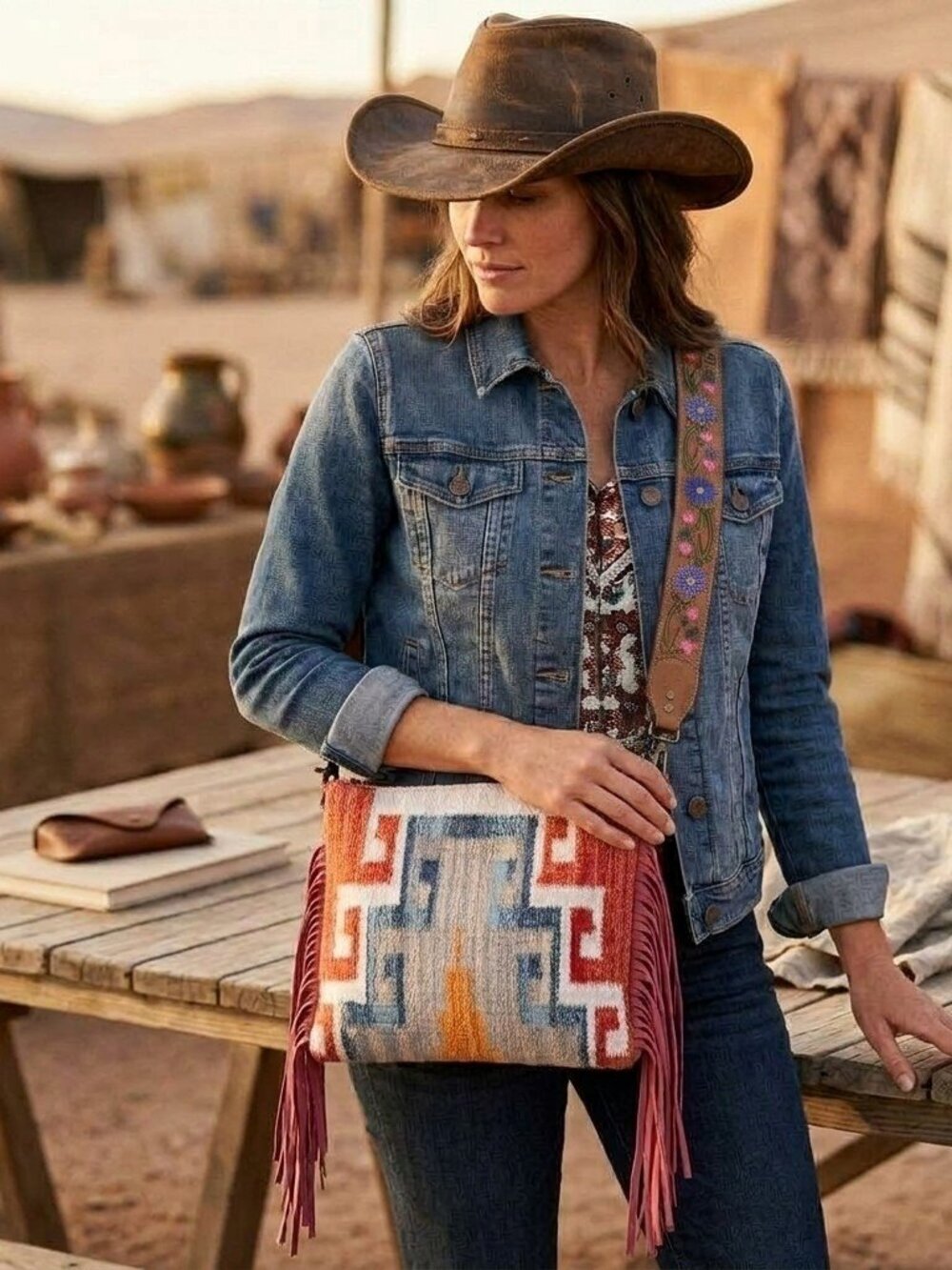 American Darling Boho Saddle Blanket Crossbody- Pink and Blue