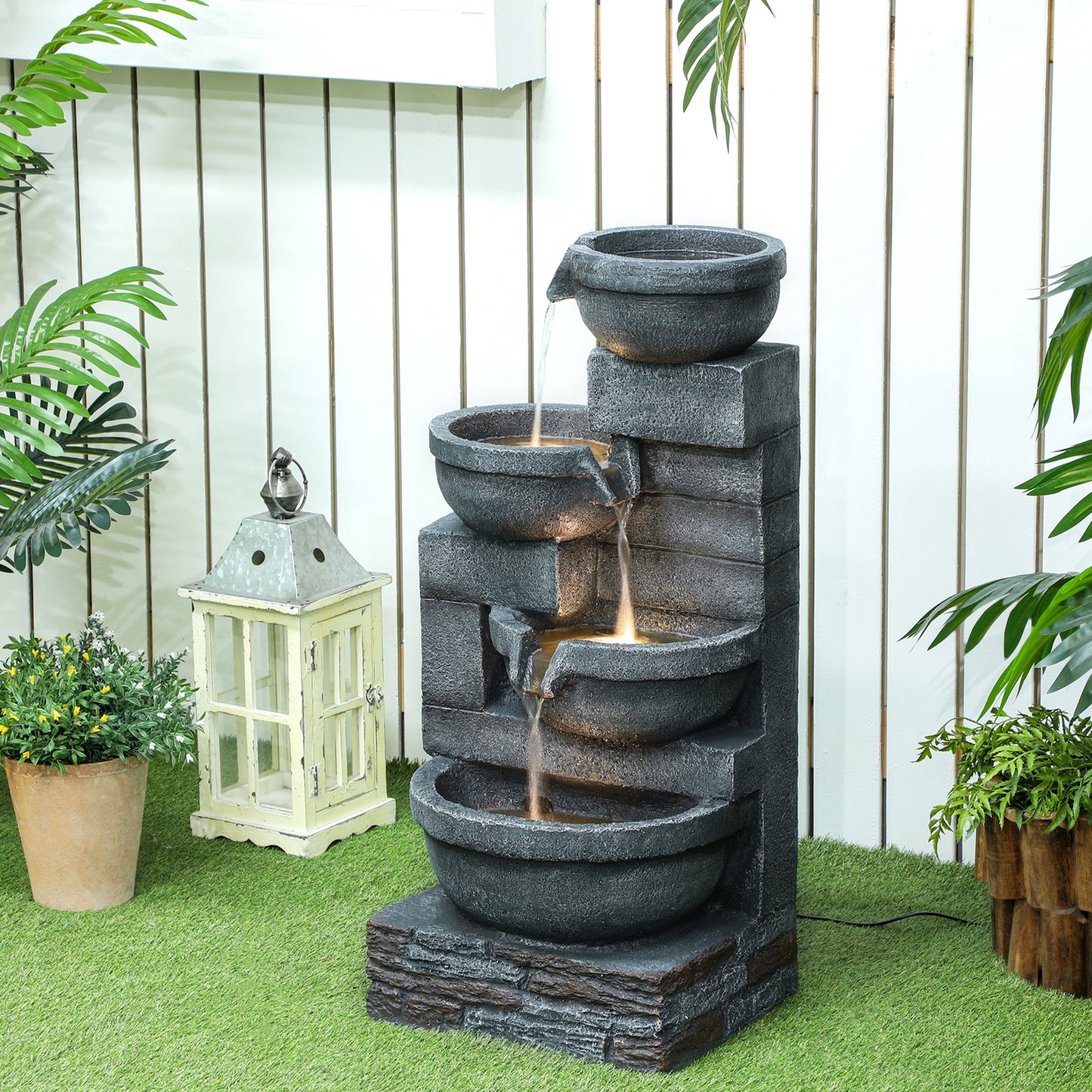 30" Tall Outdoor Waterfall Fountain With LED Lights, 4-Tier Resin Cascading Water Bowls With Pump, Gray