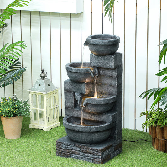 30" Tall Outdoor Waterfall Fountain With LED Lights, 4-Tier Resin Cascading Water Bowls With Pump, Gray