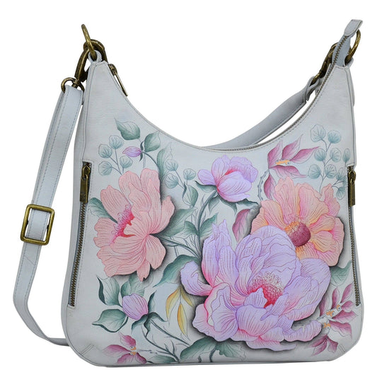 Anuschka Hand-Painted Leather Convertible Slim Hobo With Crossbody Strap - 662 with floral design