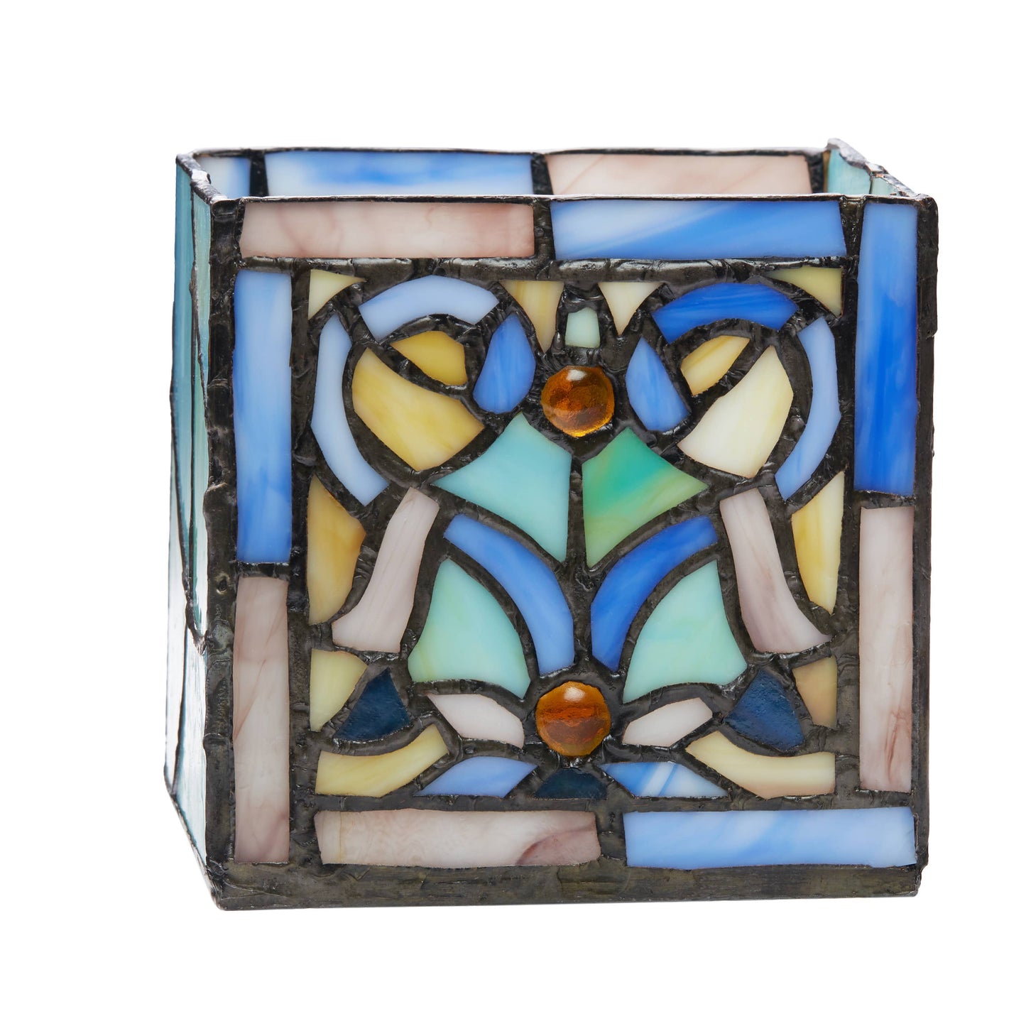 4.75"H Ilsa  Blue Flourishes Stained Glass Candle Holder