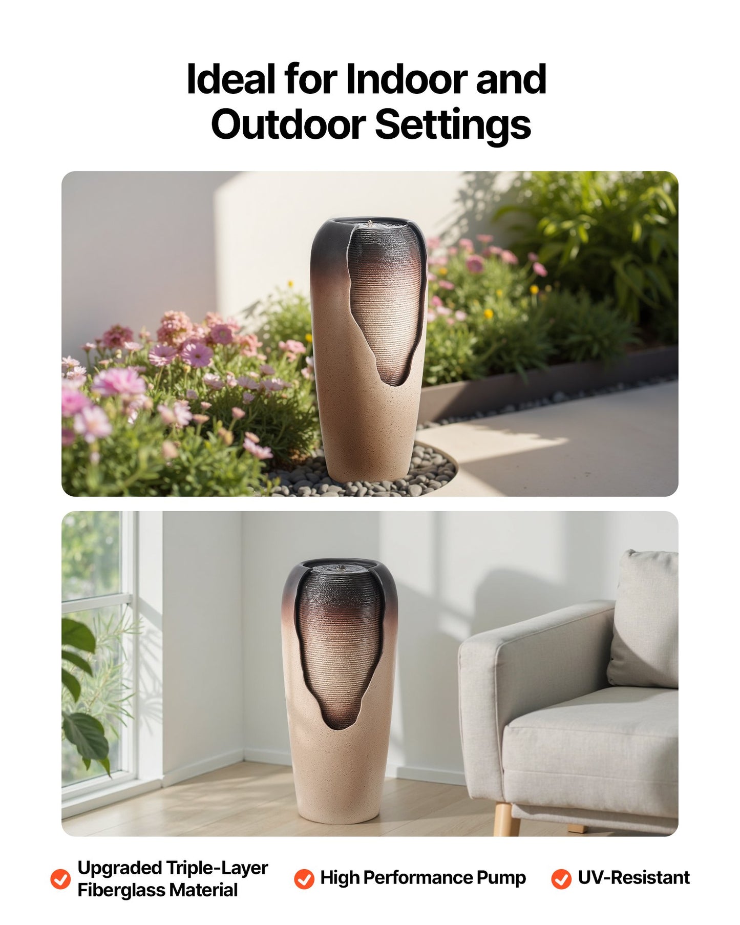 Outdoor Water Fountain 1-Tier Glazed Jar Style 30.71 In Fountains Coffee