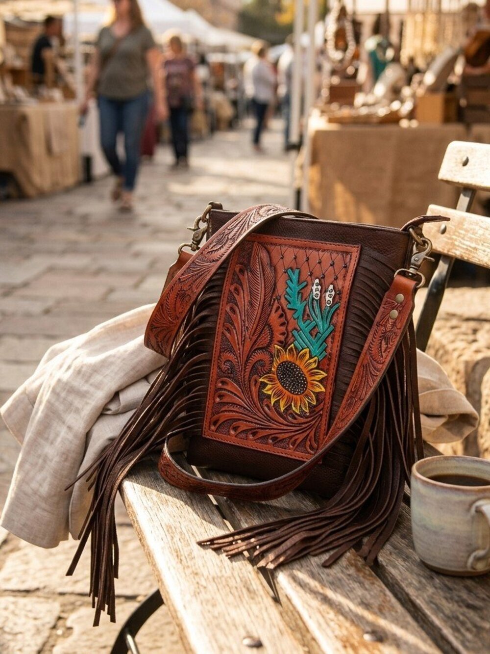 American Darling Sunflowers in the Desert Tooled Fringe Crossbody