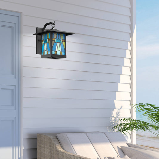 11.75"H Aqua and Amber 1-Light stained glass Outdoor Lantern Wall Sconce