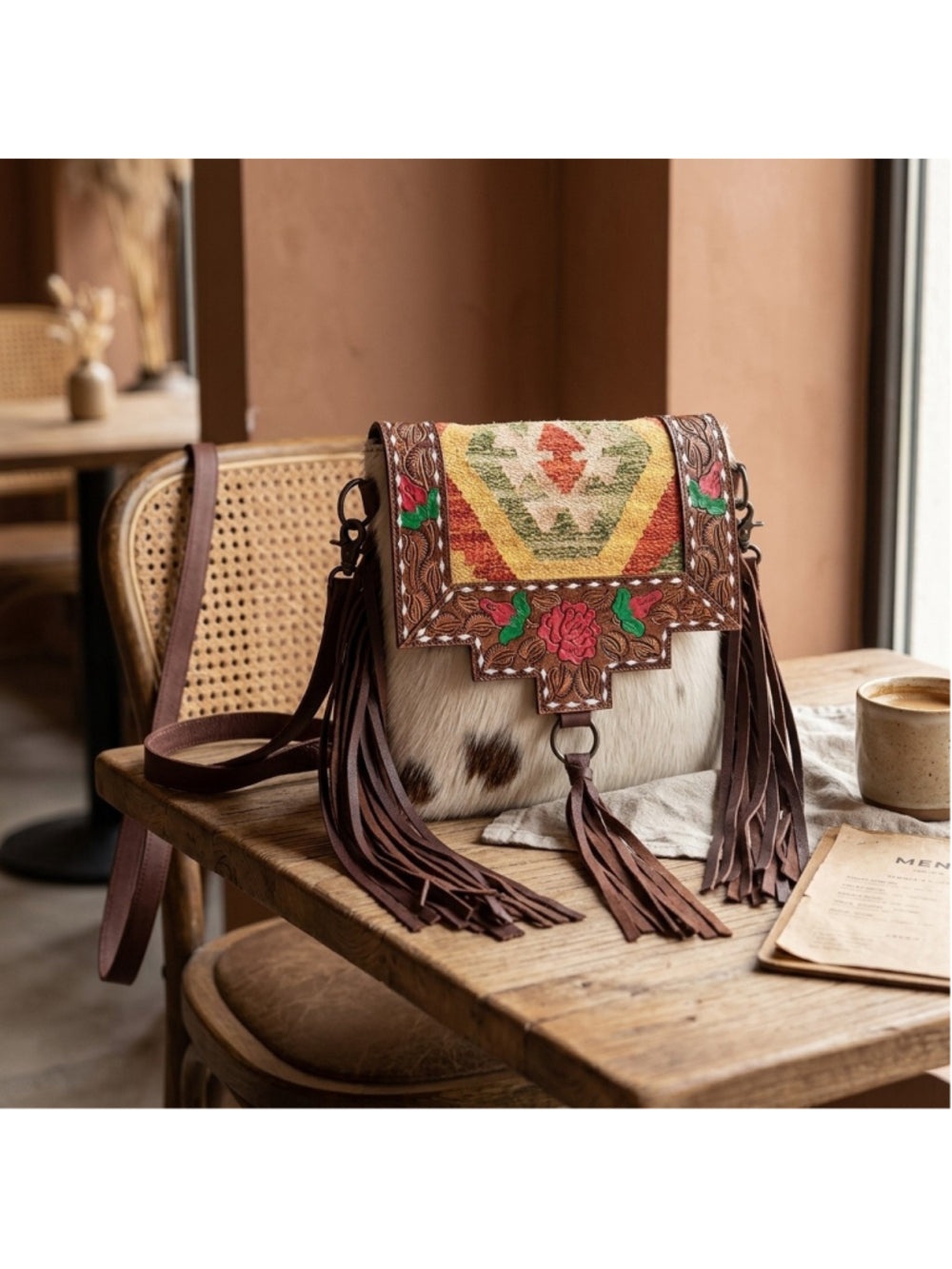 American Darling Boho Fringe Hair-On prickly Pear flower Crossbody Bag