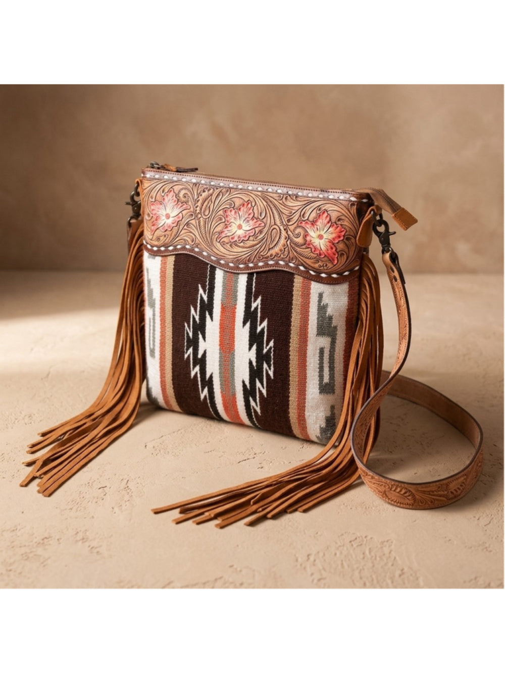 American Desert Bloom Brown and Coral Saddle Blanket Fringe Crossbody