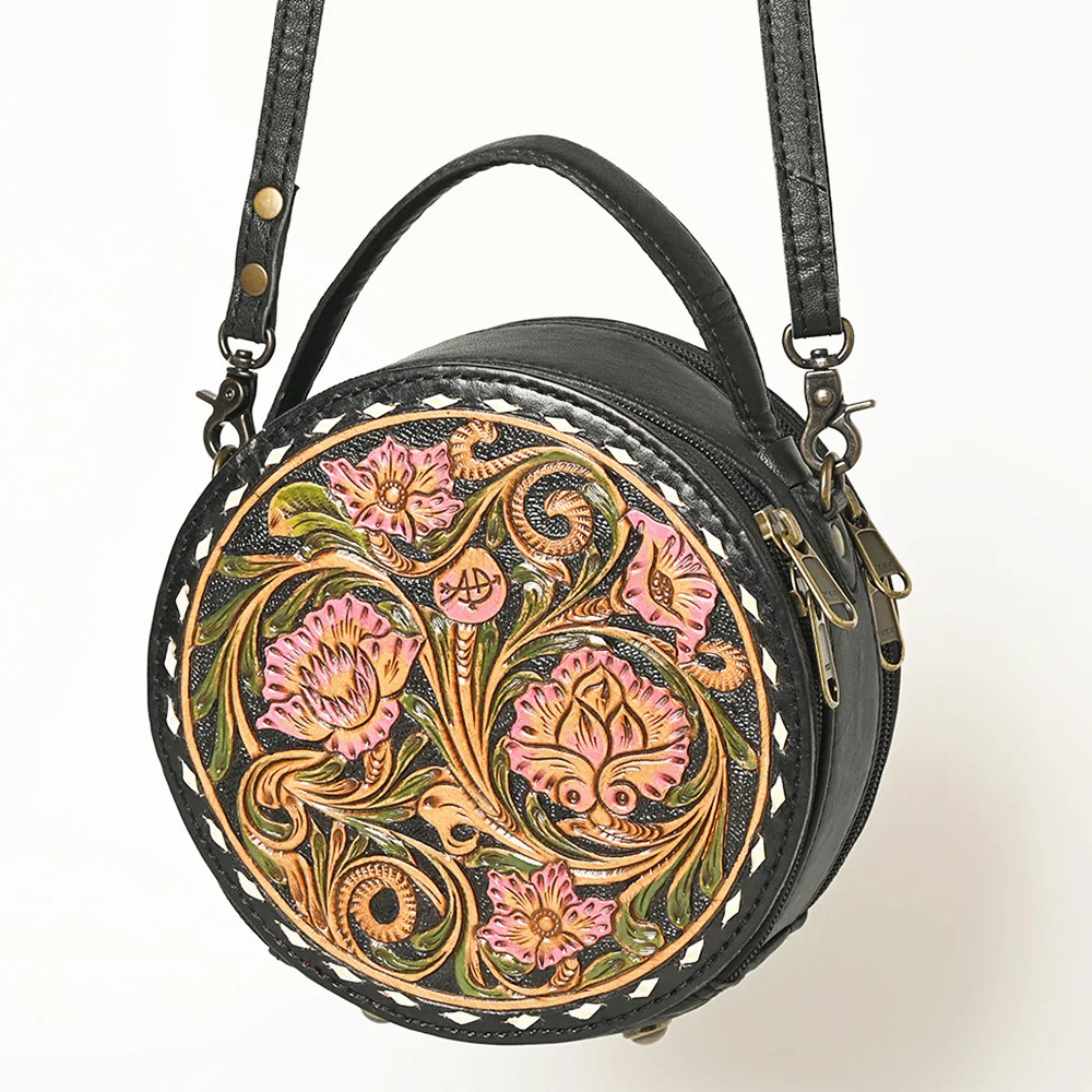 American Darling Western Tooled Leather Crossbody Canteen Bag Floral Carved Black and Pink Floral Inlay