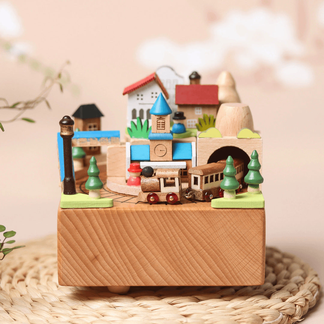 Handmade Wooden Music Box with rotating train