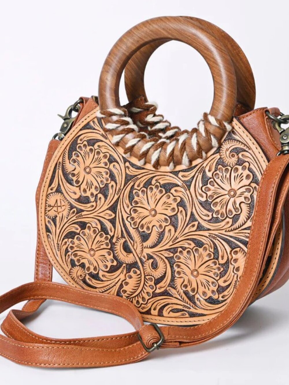 American Darling Boho Carved Wood Handle Crossbody Bag