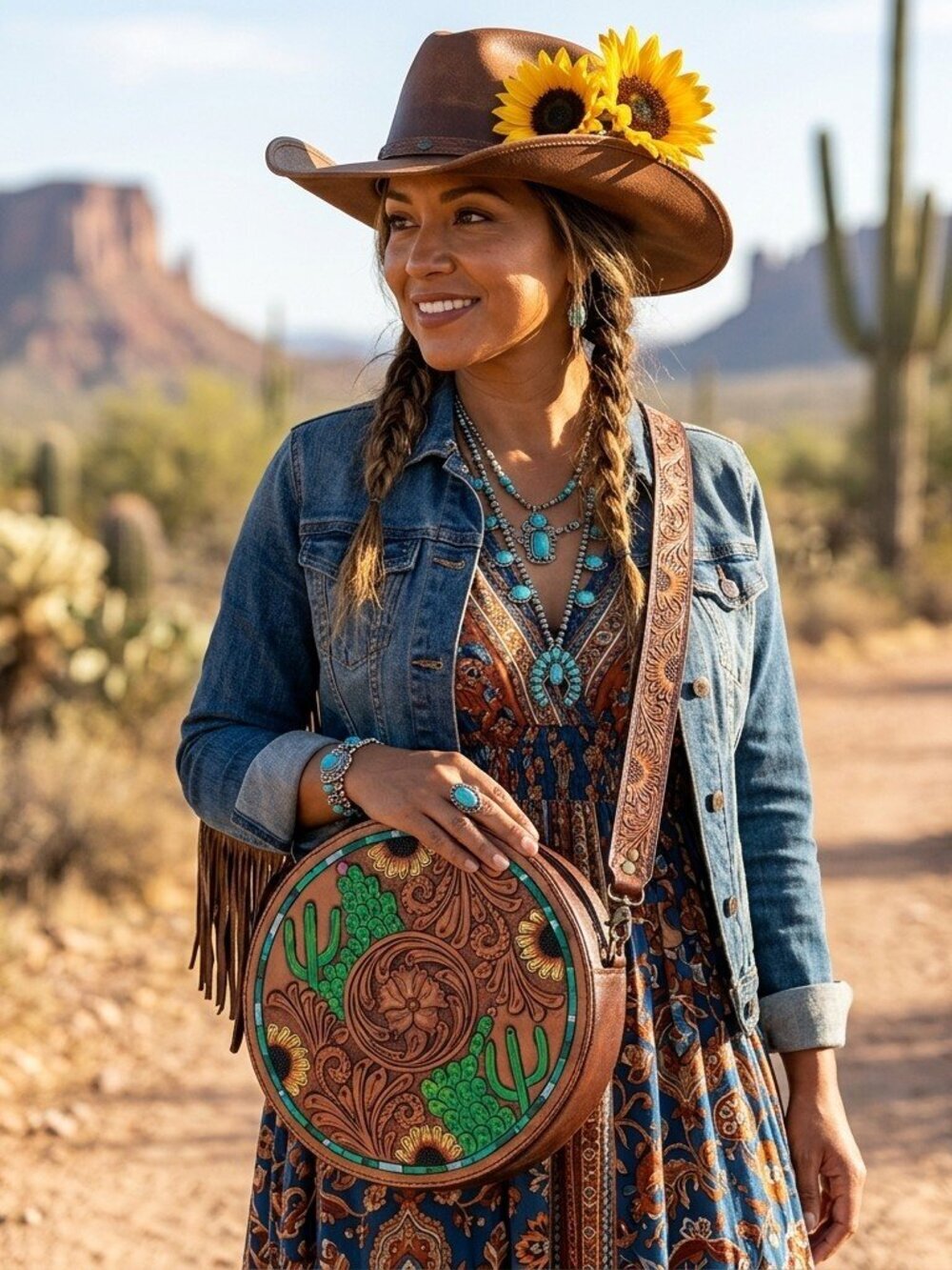 American Darling Desert Sunflower Bloom Tooled Crossbody Canteen Bag