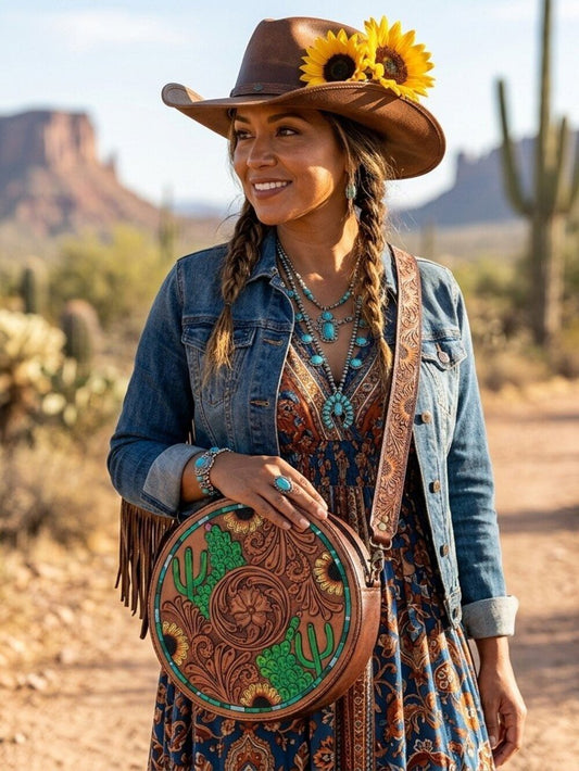 American Darling Desert Sunflower Bloom Tooled Crossbody Canteen Bag