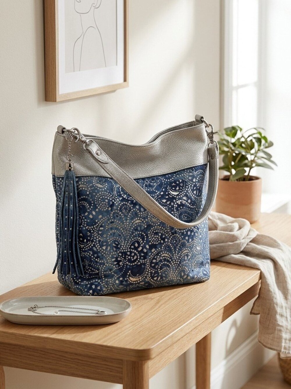 Denim layered Pewter Tassel Hobo Bag with Rhinestones