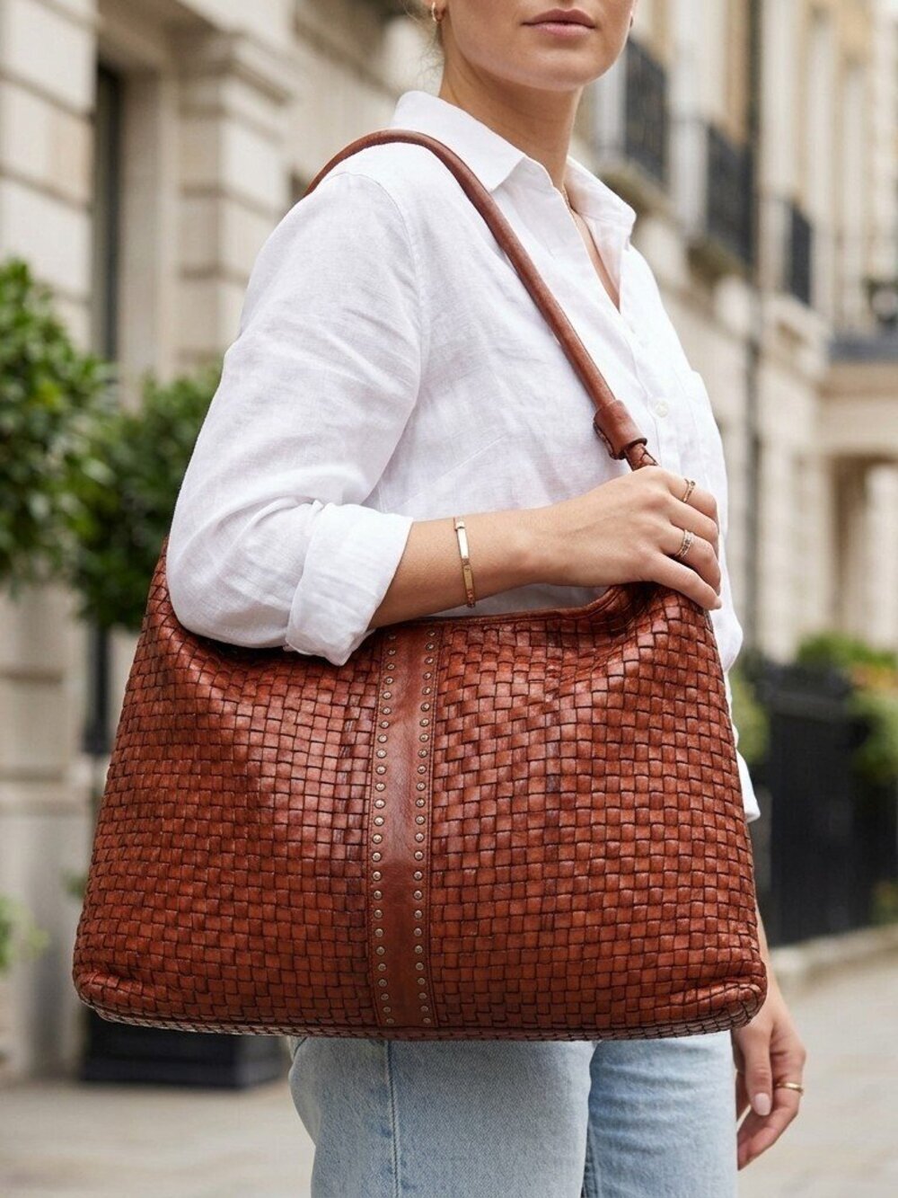 All LeatherRustic Weave Studded Hobo Bag