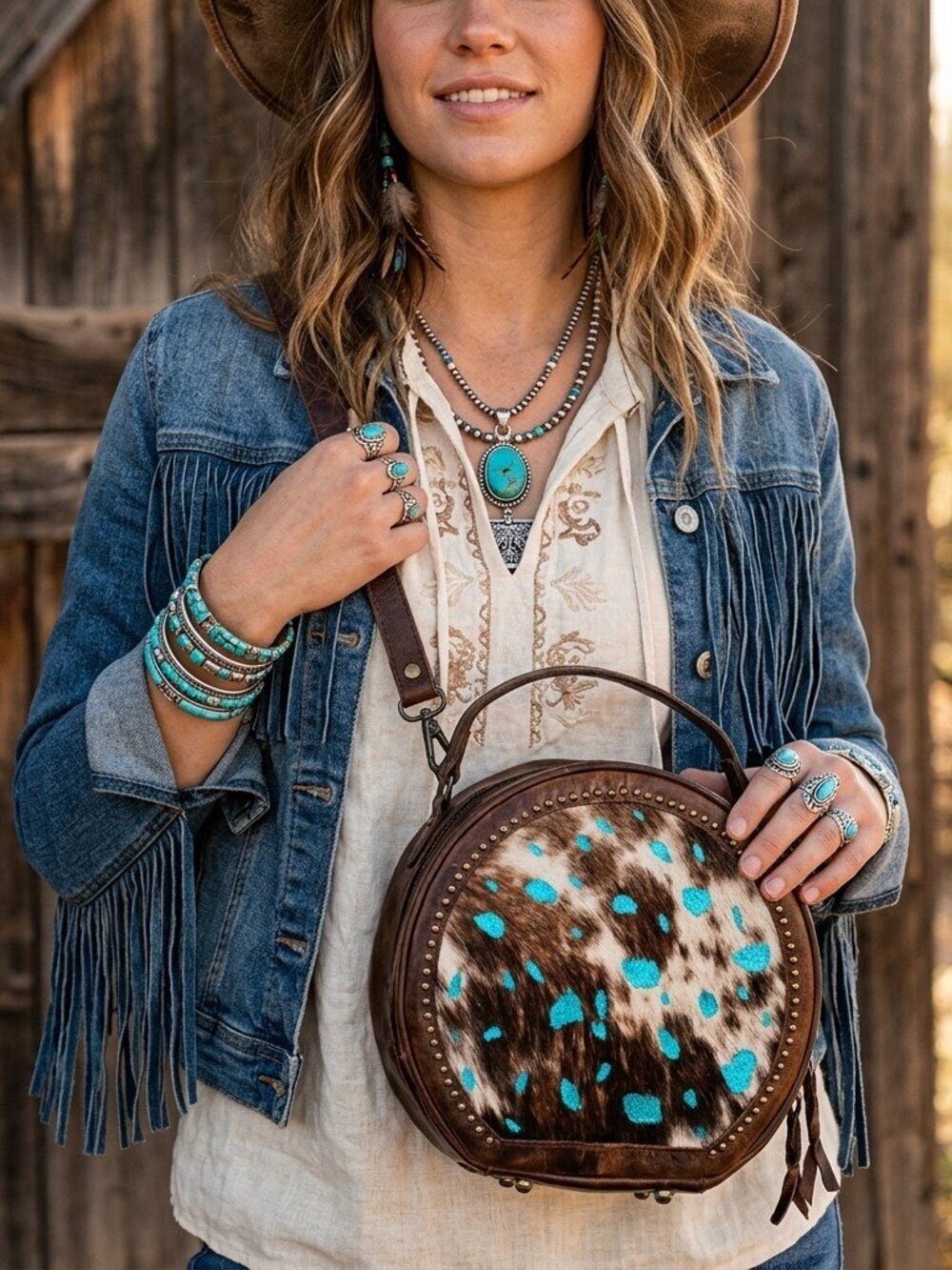 American Darling Turquoise Hide Circle Canteen Crossbody Bag