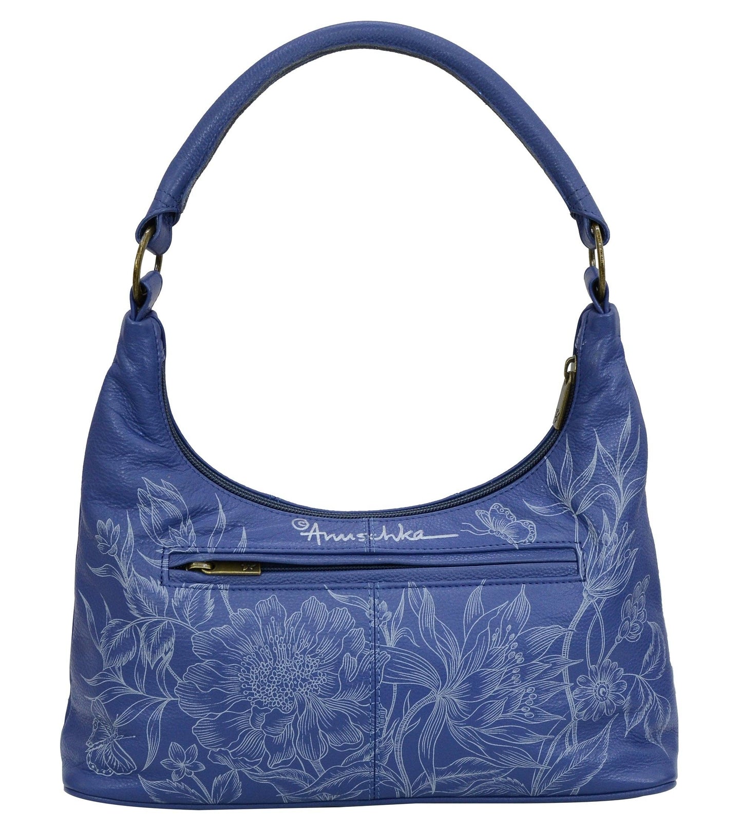 Anuschka Hand-Painted Leather Medium Zip Top Hobo - 371- blue with butterfly