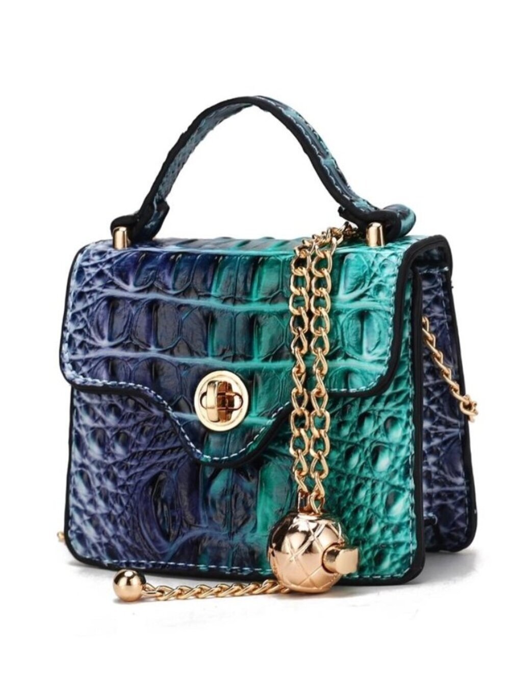 Aurora Croc Mini Top-Handle Bag- Gradient Rainbow Faux Crocodile Embossed-