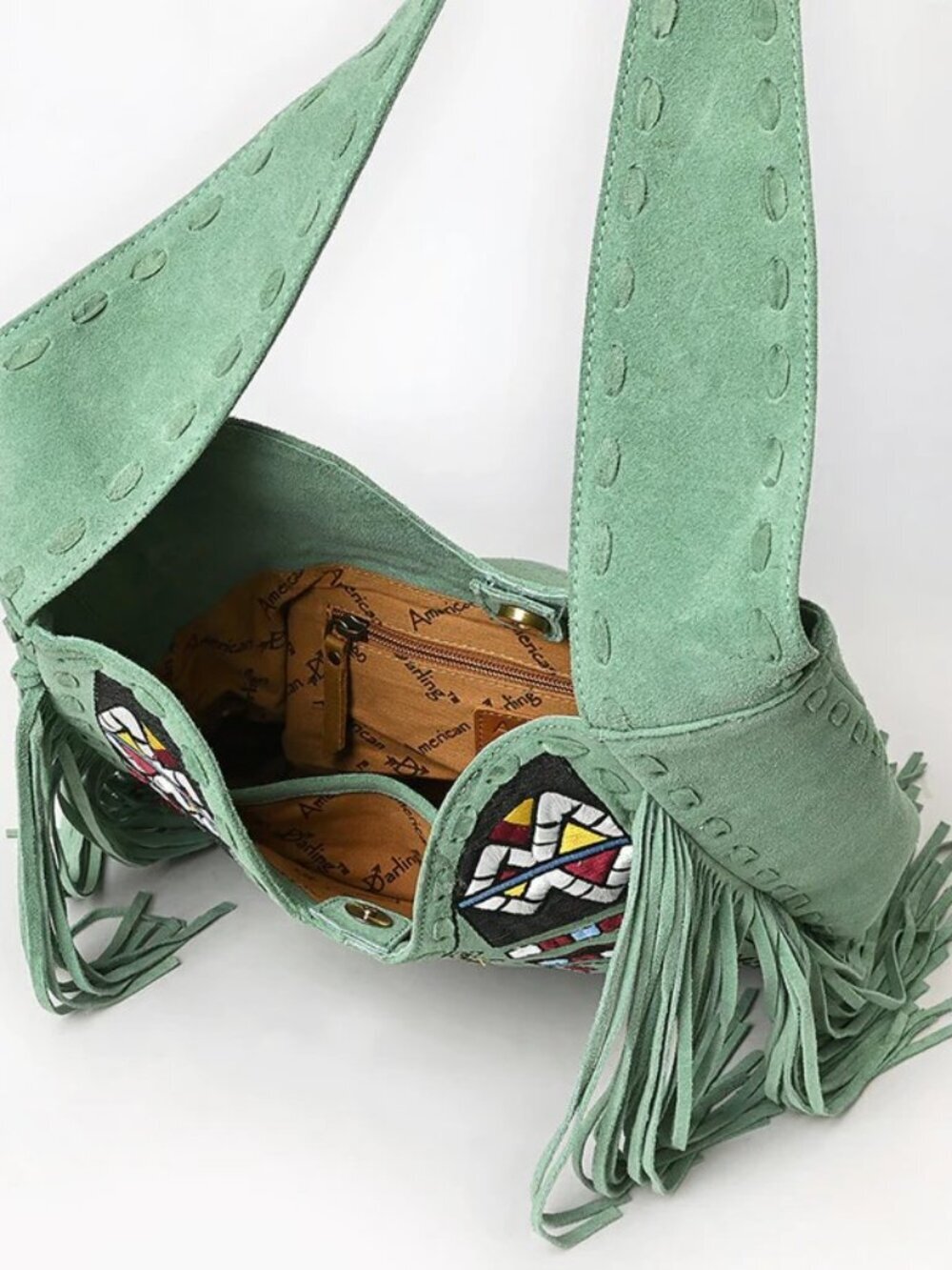 American Darling Sage Green Fringe Tribel embroidered Hobo Bag