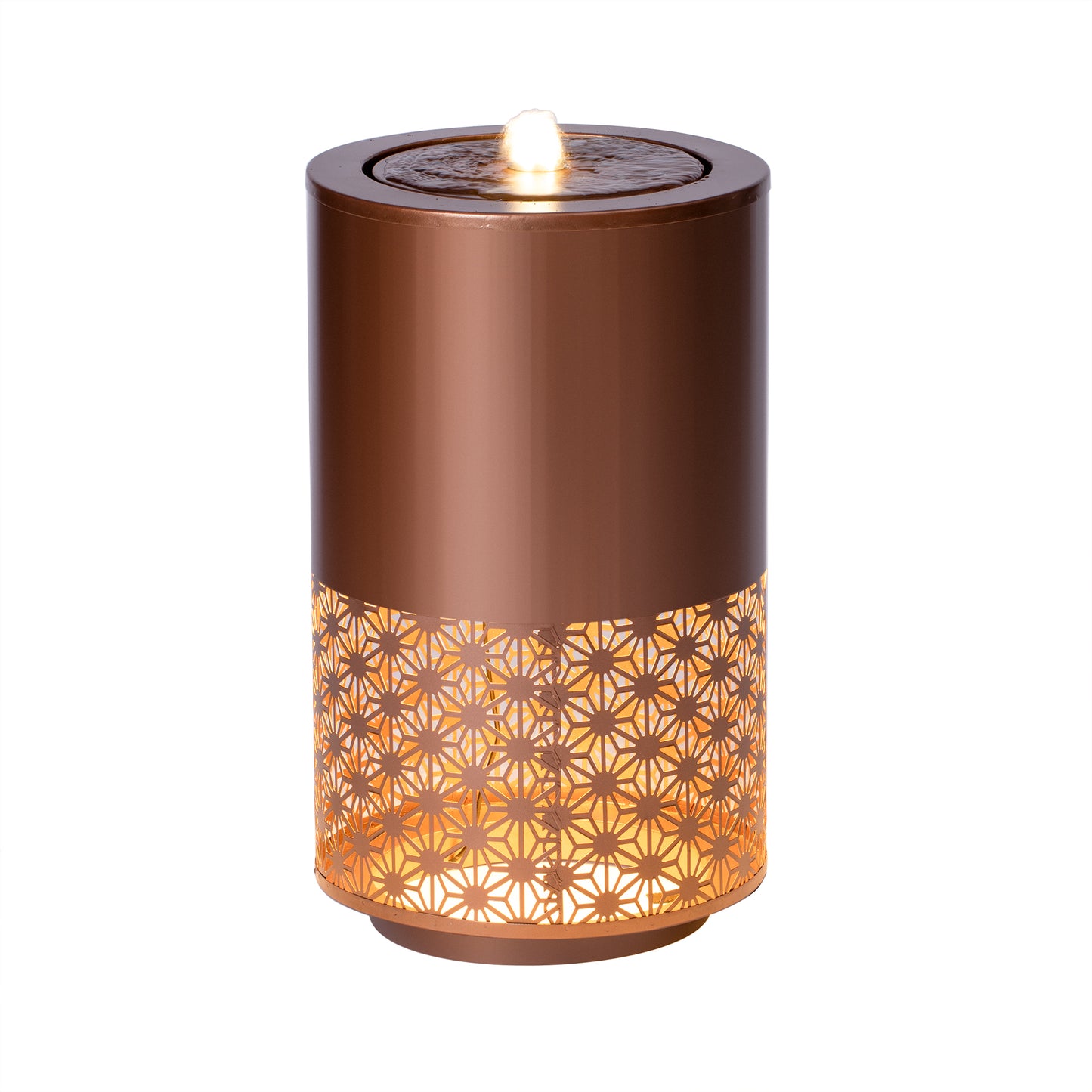 20.87 H Brown Metal Cutout Outdoor Water Fountain With LED Lights, Modern Freestanding Candle Style Water Feature For Patio  Decor
