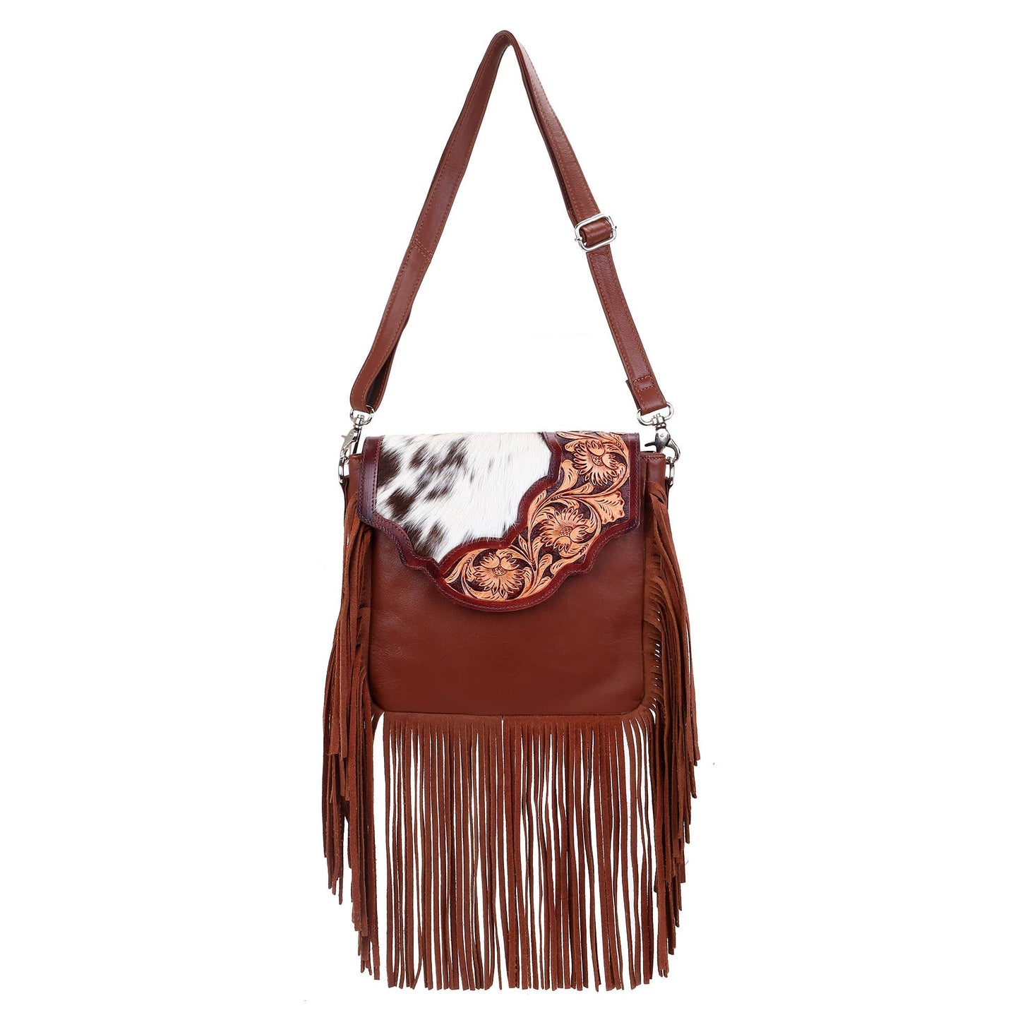 Leather Cowhide Western Hand Tooled Women Crossbody Bag-Brown and white