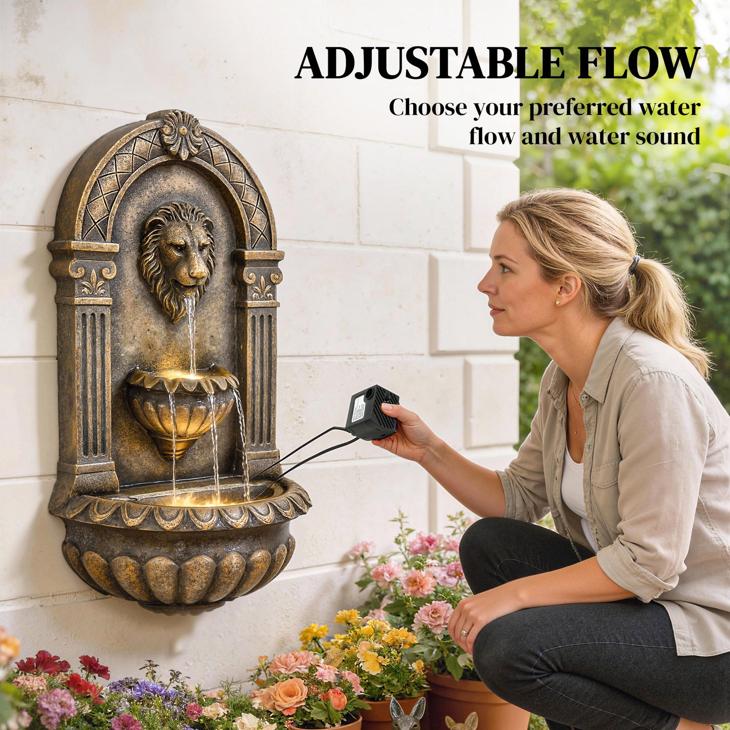 31" Wall-Mounted Outdoor Fountain, 3-Tier Cascading Waterfall Feature with LED Lights and Adjustable Flow, Bronze