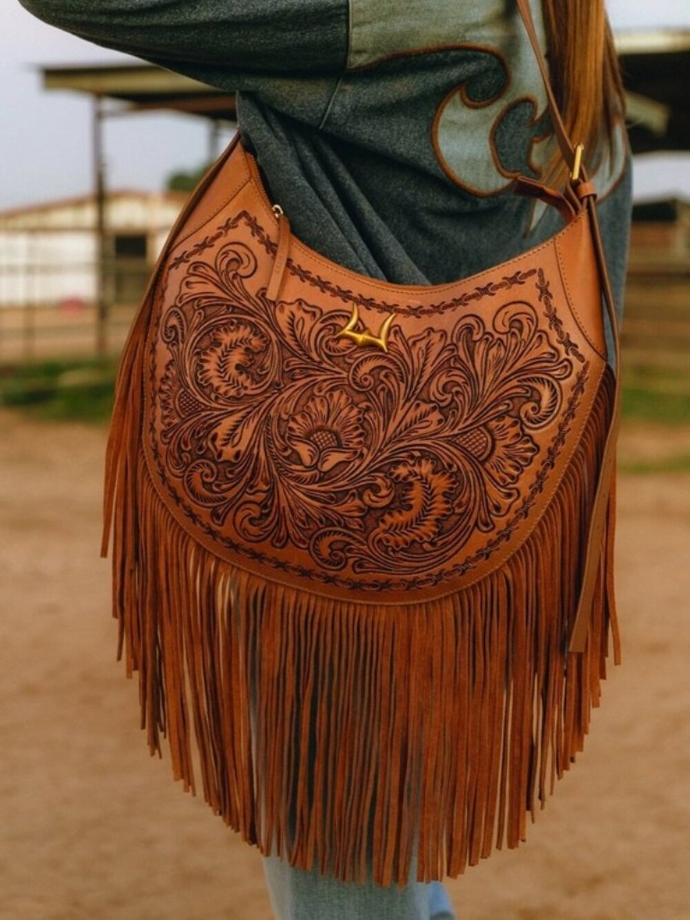 Western Lunella Hand Tooled Leather Fringe Crossbody