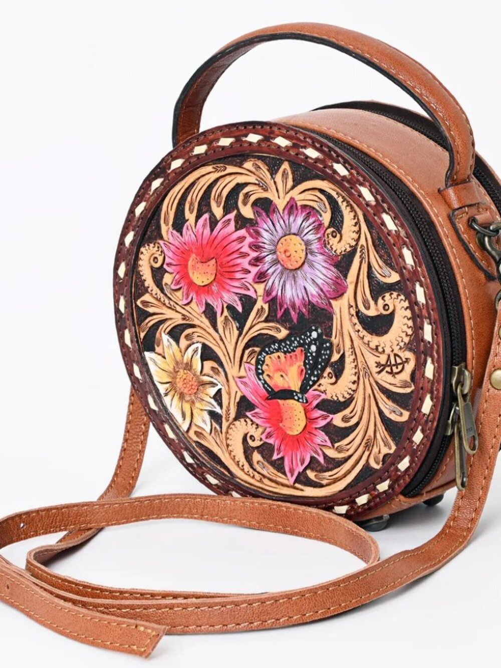 American Darling Artisan Floral and Butterfly Round Crossbody Canteen Bag