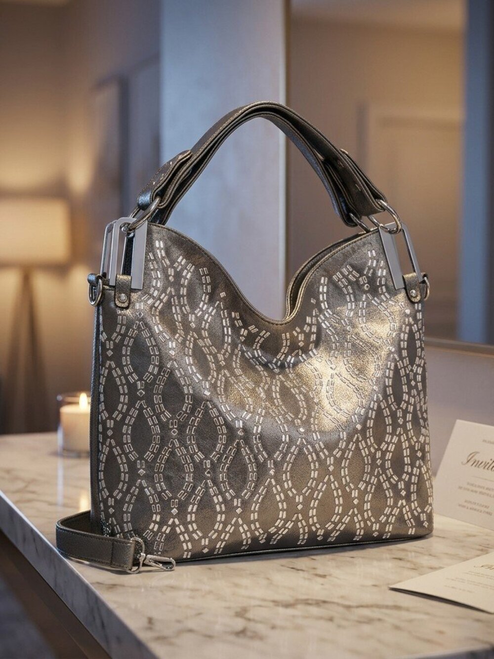 Pewter Mosaic Luxe Shoulder Bag with rhinestone details