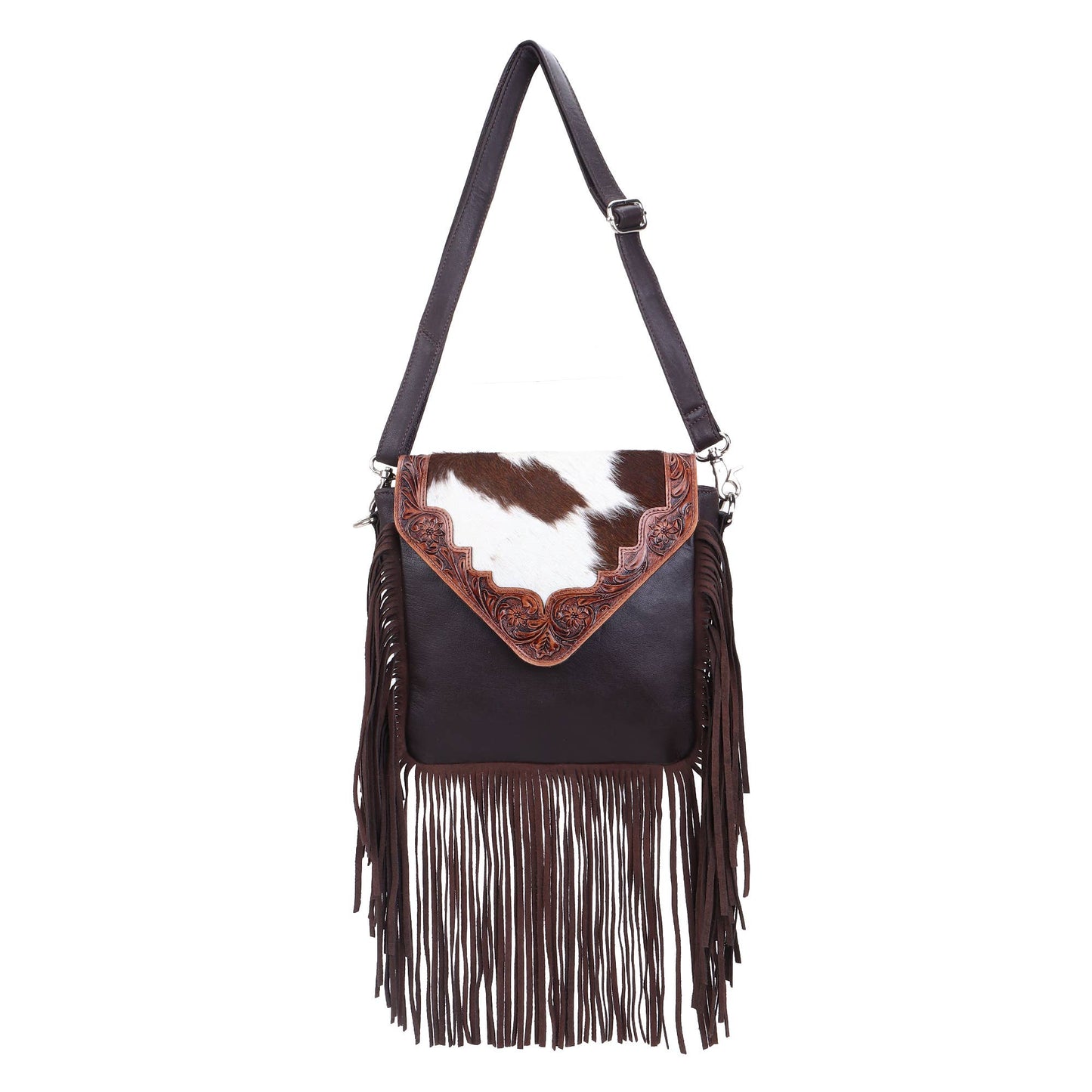 Leather Cowhide Western Hand Tooled Women Crossbody Bag-Brown and white