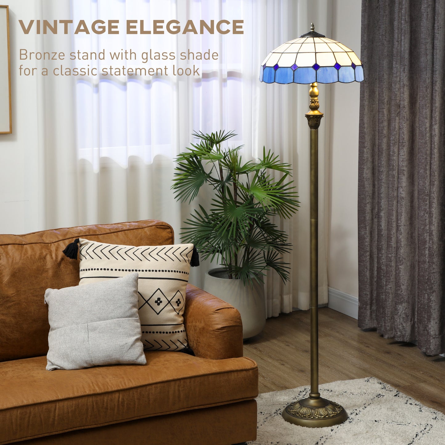 Tiffany-Style Floor Lamp With Handcrafted Stained Glass Shade, 152cm Tall Vintage Standing Lamp With Foot Switch And Dual Sockets For Living Room Bedroom, Bronze Tone And Blue
