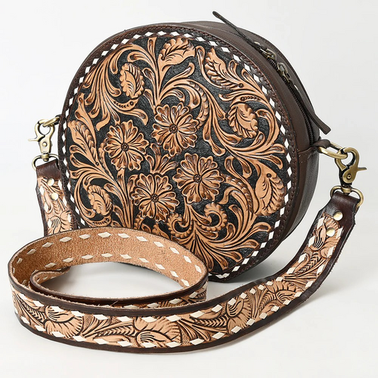 American Darling Canteen Bag Hand Tooled Floral Leather Round Crossbody