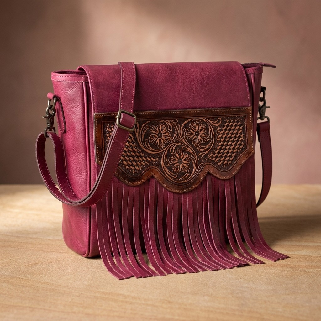 Magenta Western Fringe Leather Crossbody Bag