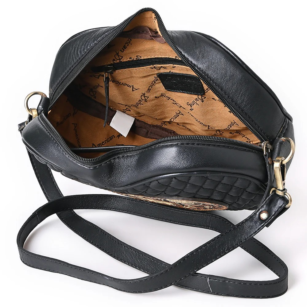 American Darling Heart-Shaped Quilted Leather Crossbody Bag - Tooled Floral Inlay with Western Stitch Design
