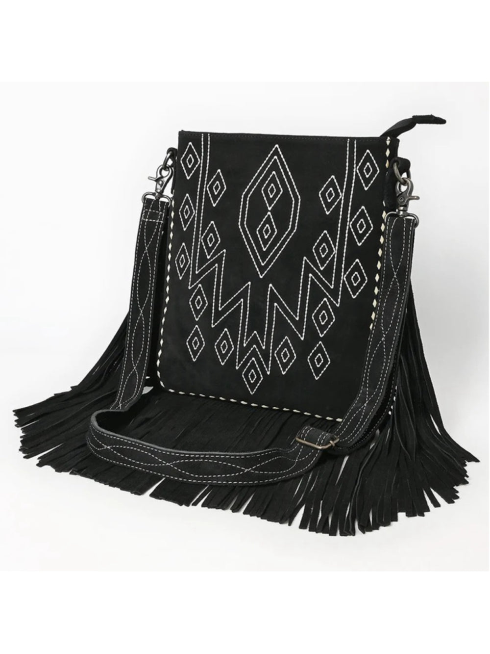 American Darling Black Suede Stitched Boho Fringe Western Crossbody Bag