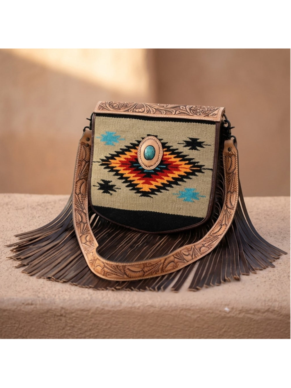 American Darling Turquoise Dreams Saddle Blanket Fringe Crossbody Messenger