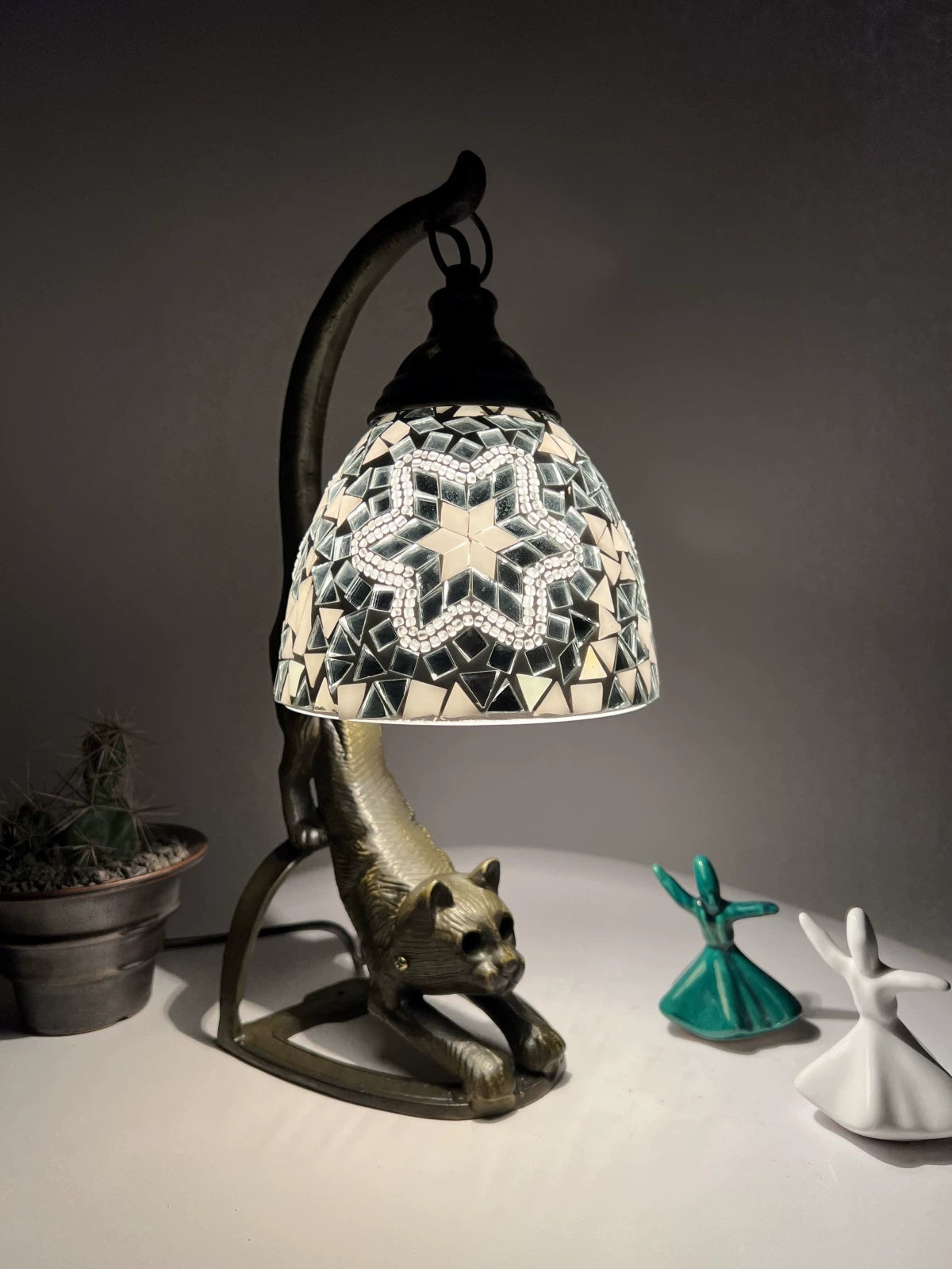 Handmade Glass Table Lamp In The Shape Of A Laid-Back Cat