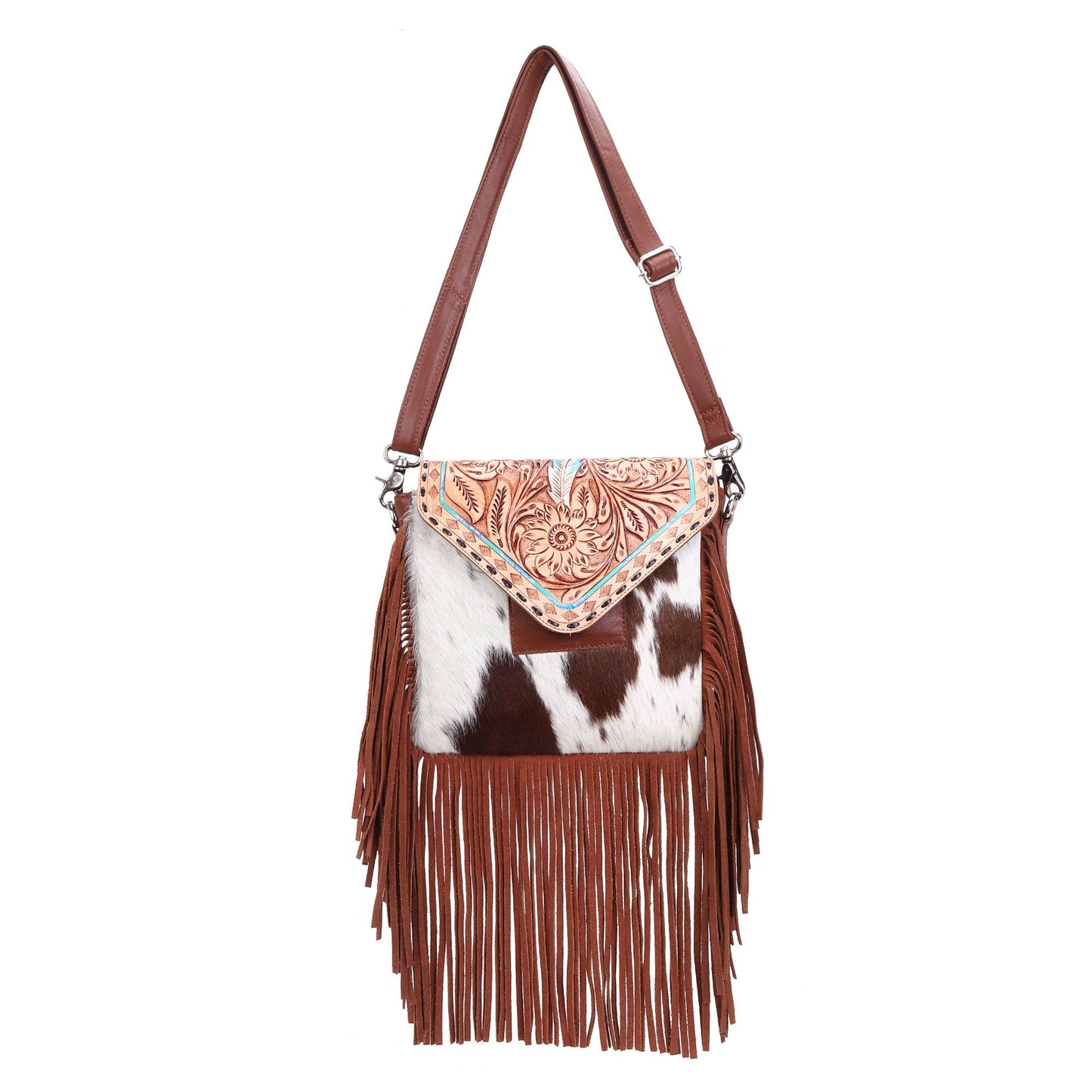 Leather Cowhide Western Hand Tooled Women Crossbody Bag-Brown and white