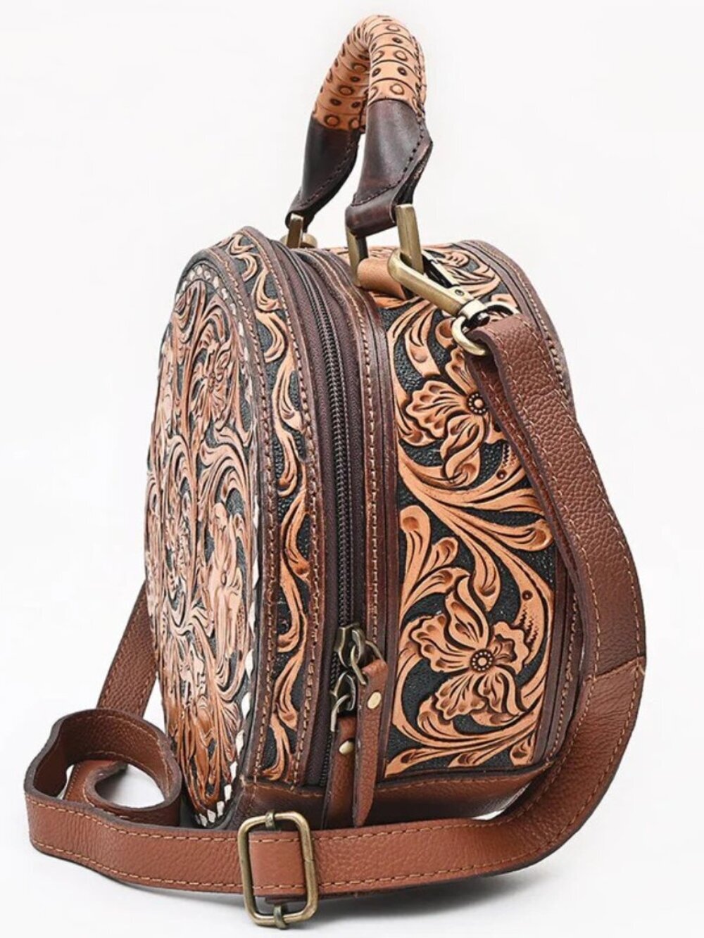 American Darling Western Bloom Tooled Crossbody Leather Canteen Bag
