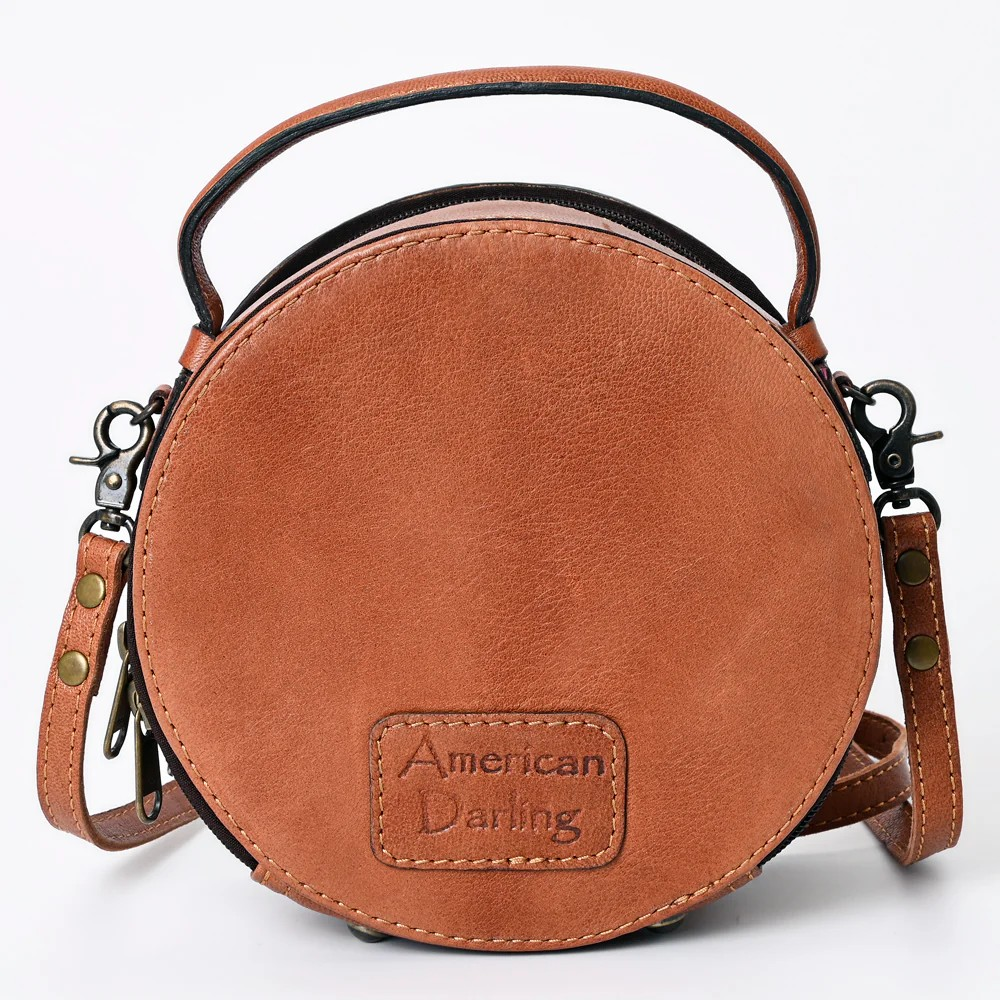 American Darling Western Tooled Leather Crossbody Canteen Bag Floral Carved Pink Cactus Flower and Butterfly Inlay