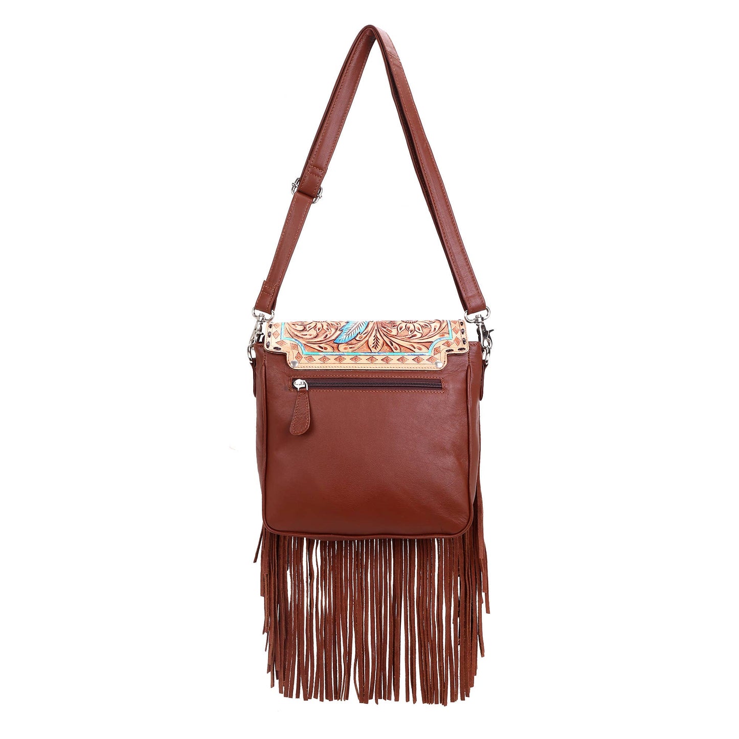 Leather Cowhide Western Hand Tooled Women Crossbody Bag-Brown and white