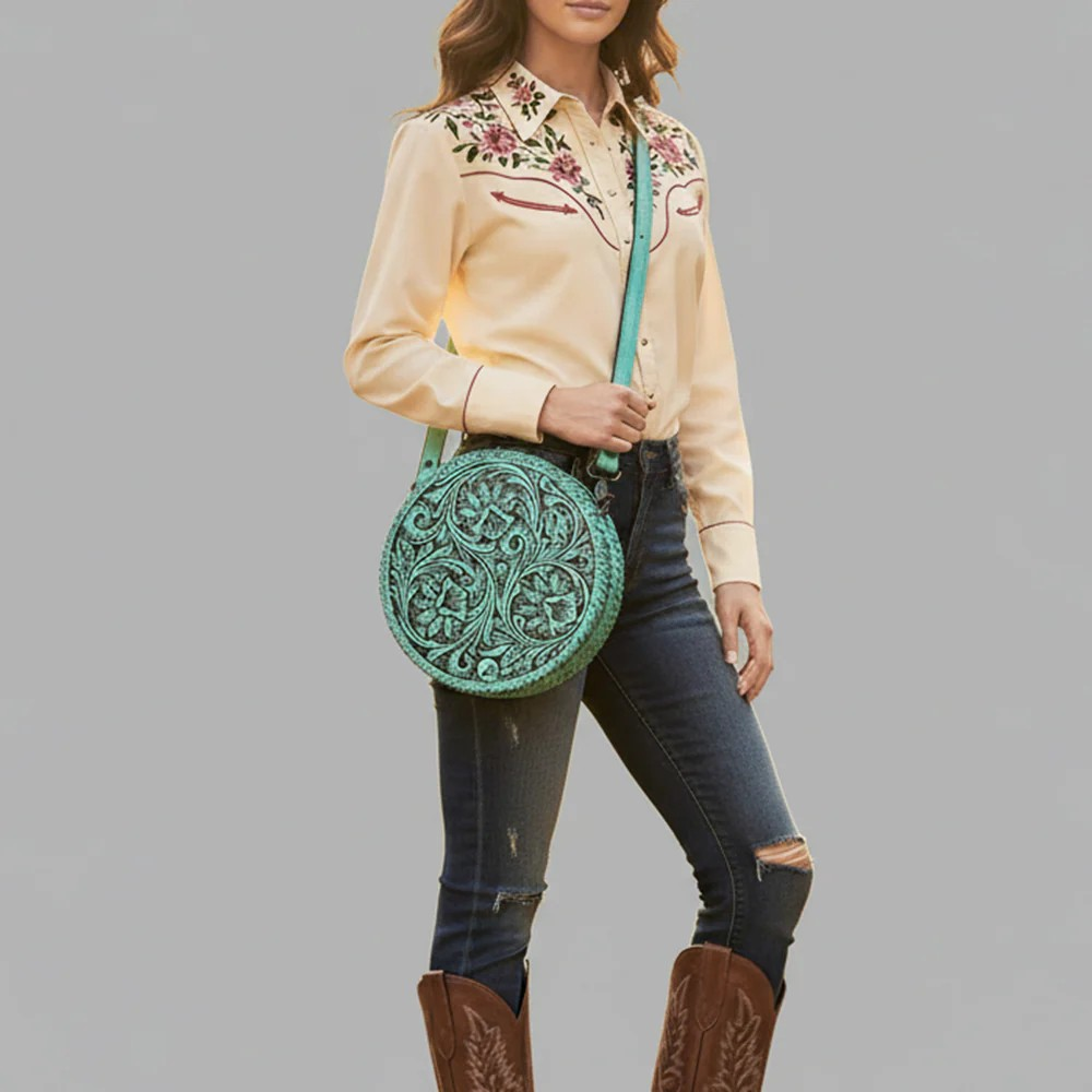 American Darling Round Hand-Tooled Leather Canteen Bag - Western Floral Circle Purse-Turquoise