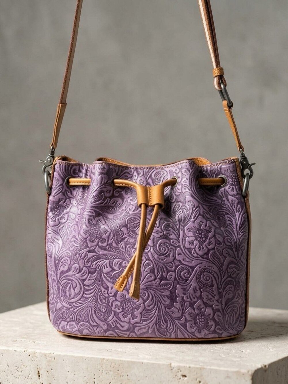 Lilac Storyweave Crossbody Bloom Embossed Leather Bucket Bag in Mystic Lilac
