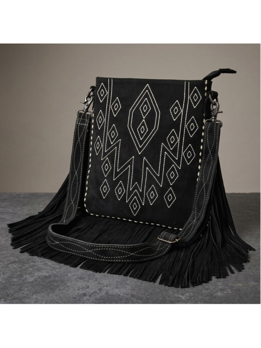 American Darling Black Suede Stitched Boho Fringe Western Crossbody Bag