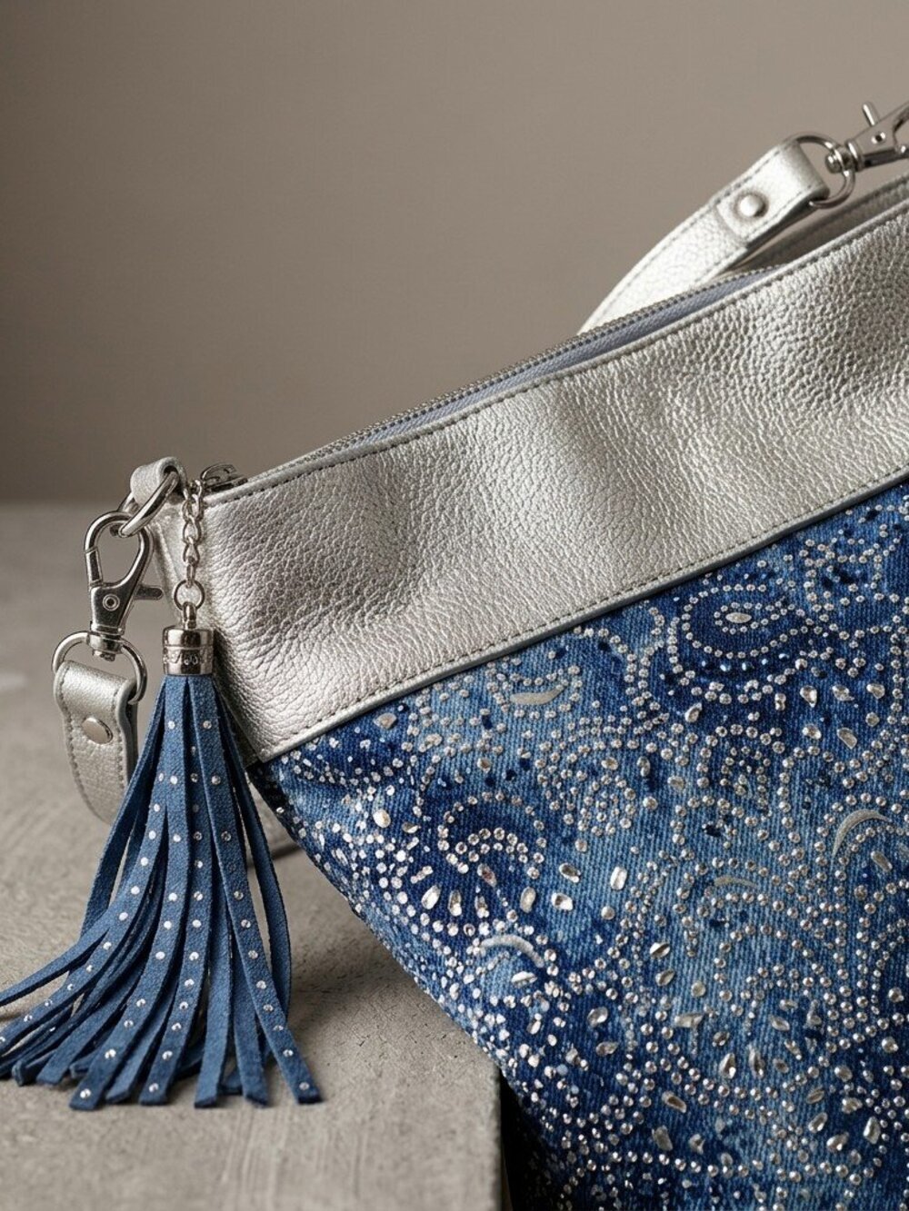 Denim layered Pewter Tassel Hobo Bag with Rhinestones