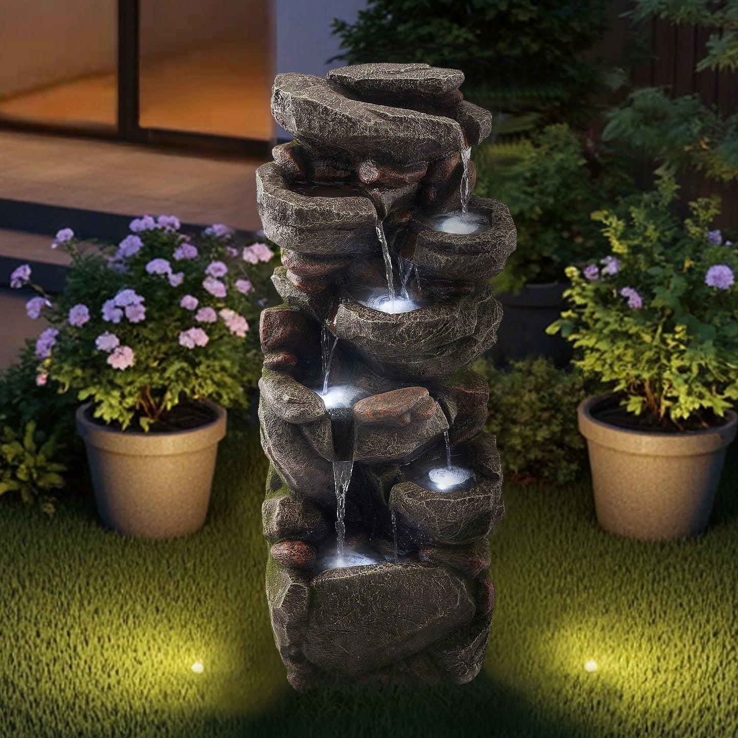 Outdoor Water Fountain 7-Tier Rock-Shaped Cascading 38.98 In Fountains